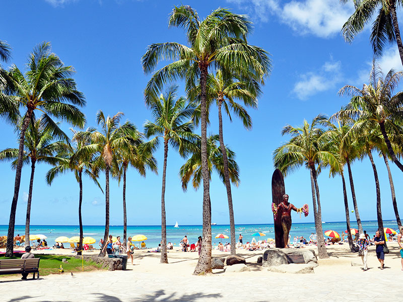 Vacanciers à la plage Waikiki près de la statue de Duke Kahanamoku entourés de palmiers
