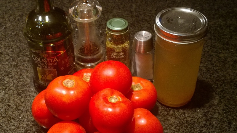 tomato soup recipe ingredients: tomatoes, olive oil, veggie broth, oregano