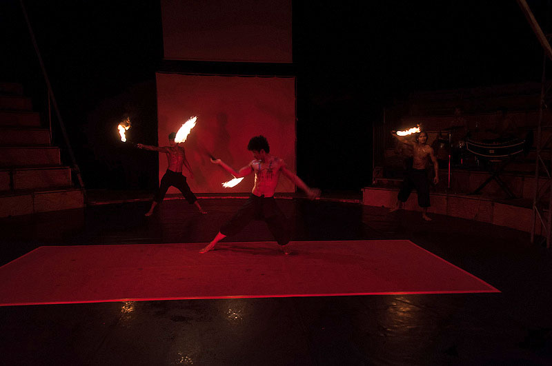 Exciting acrobatics paired with pyro performance