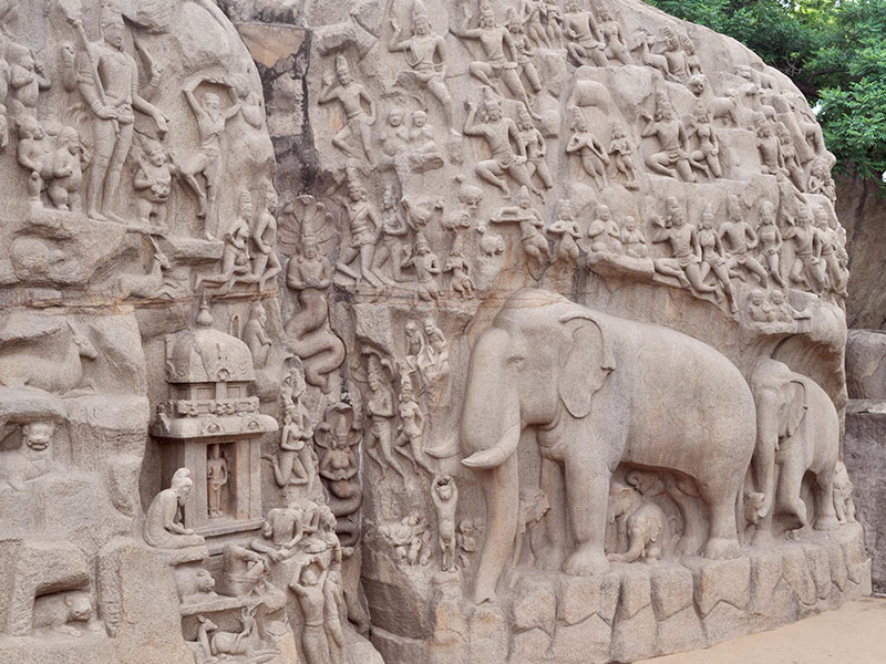 Une portion du bas-relief de Mahabalipuram, en Inde du sud 