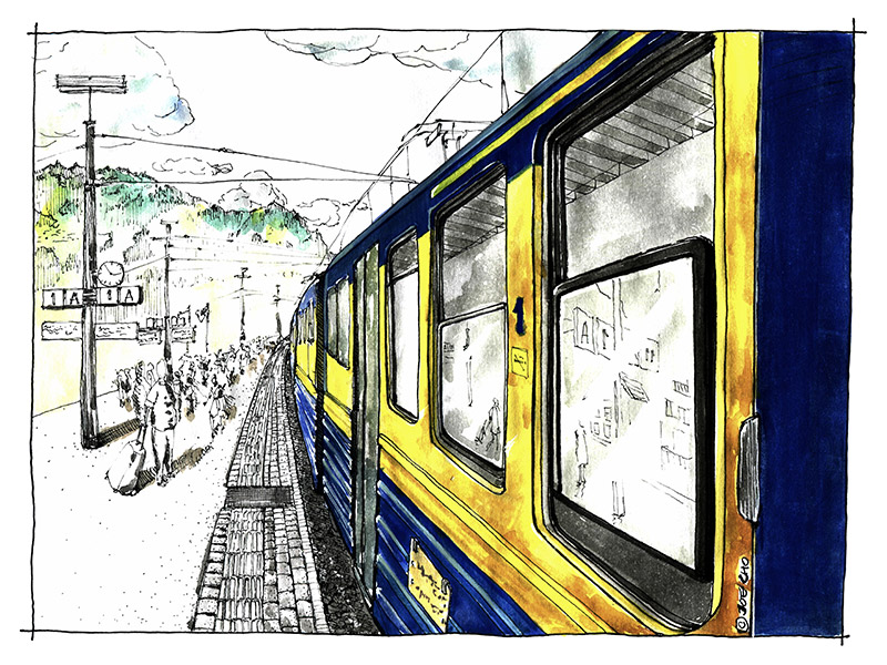 Grindelwald train station, original handrawn pen and watercolour illustration courtesy of Hyungkeun Cho, 2015. Follow Hyngkeun Cho on Instagram @nrstorage. 