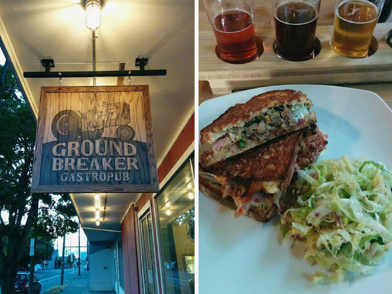 L’enseigne de Groundbreaker et un sandwich à la salade de chou