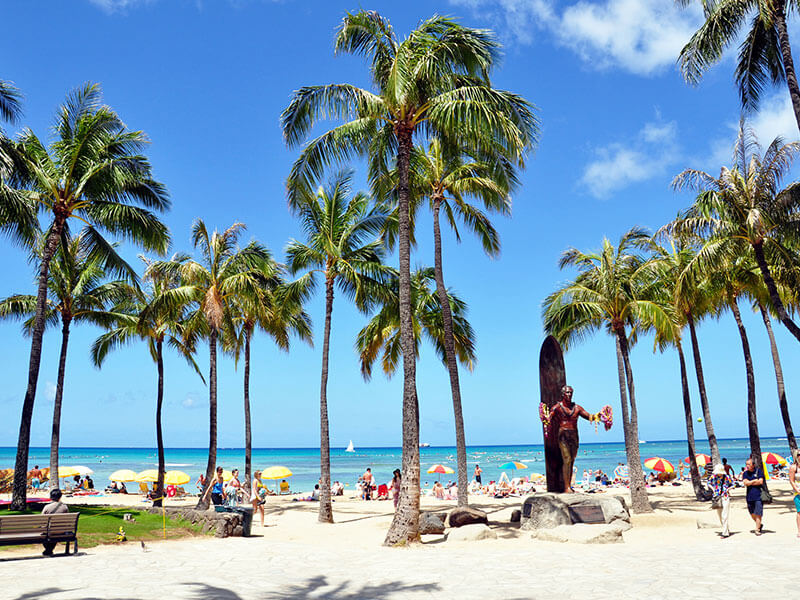 Vacationers enjoy Waikiki beach near the Duke Kahanamoku statue, surrounded by palm trees