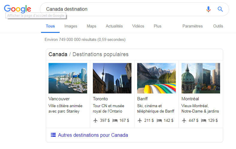 planification de voyage destinations sur google