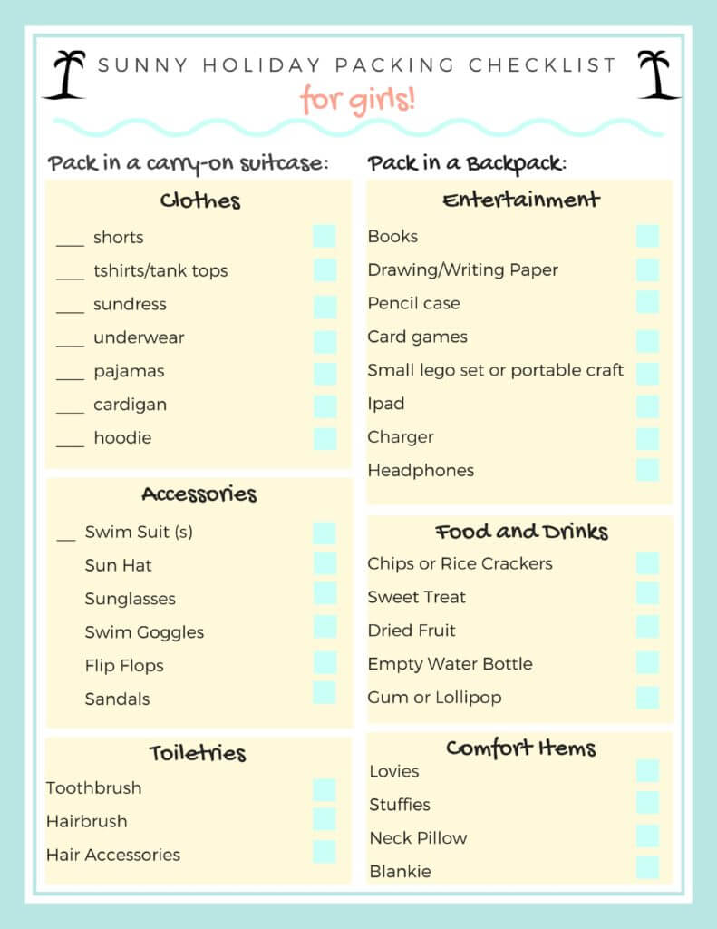 These checklists are intended to be printed and given to the kids to collect the items that need to be packed. I always try to involve them in this process, because it’s a great life skill to have!