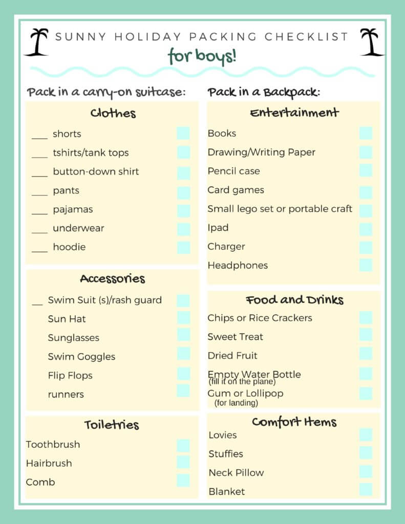 These checklists are intended to be printed and given to the kids to collect the items that need to be packed. I always try to involve them in this process, because it’s a great life skill to have!