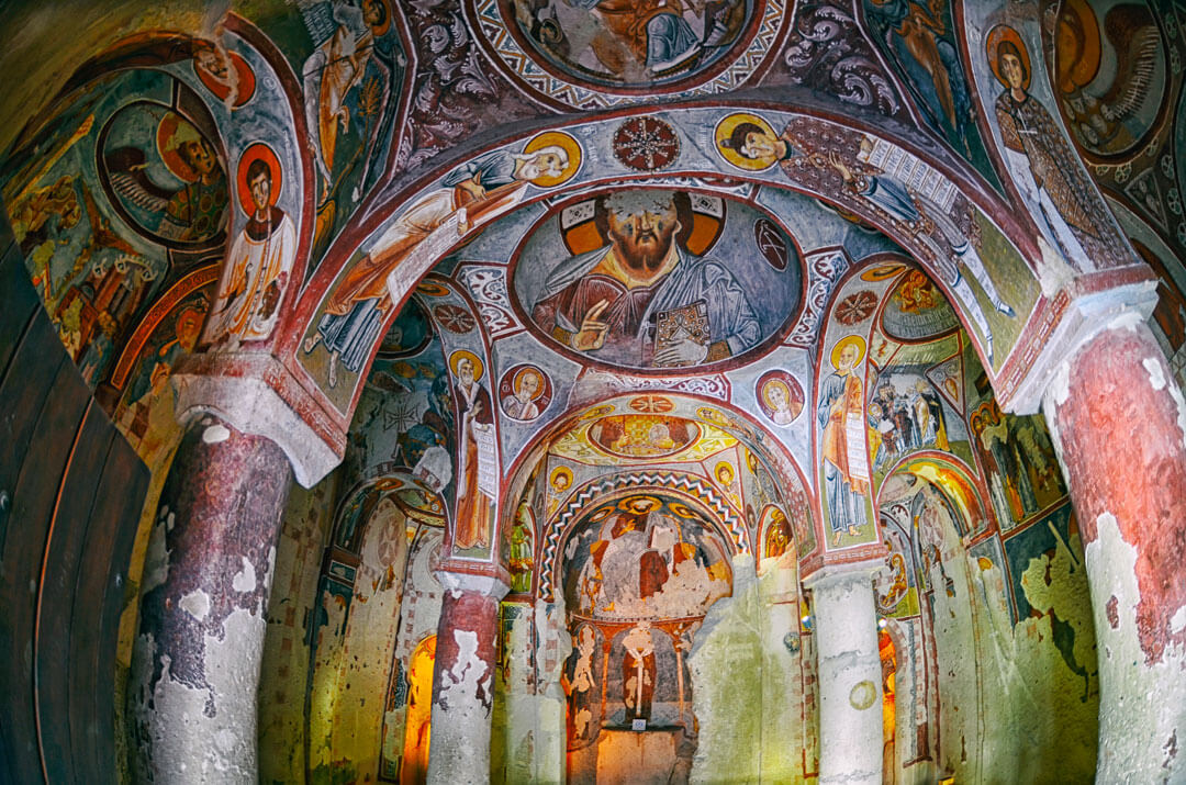 view of fresco inside church in open air museum