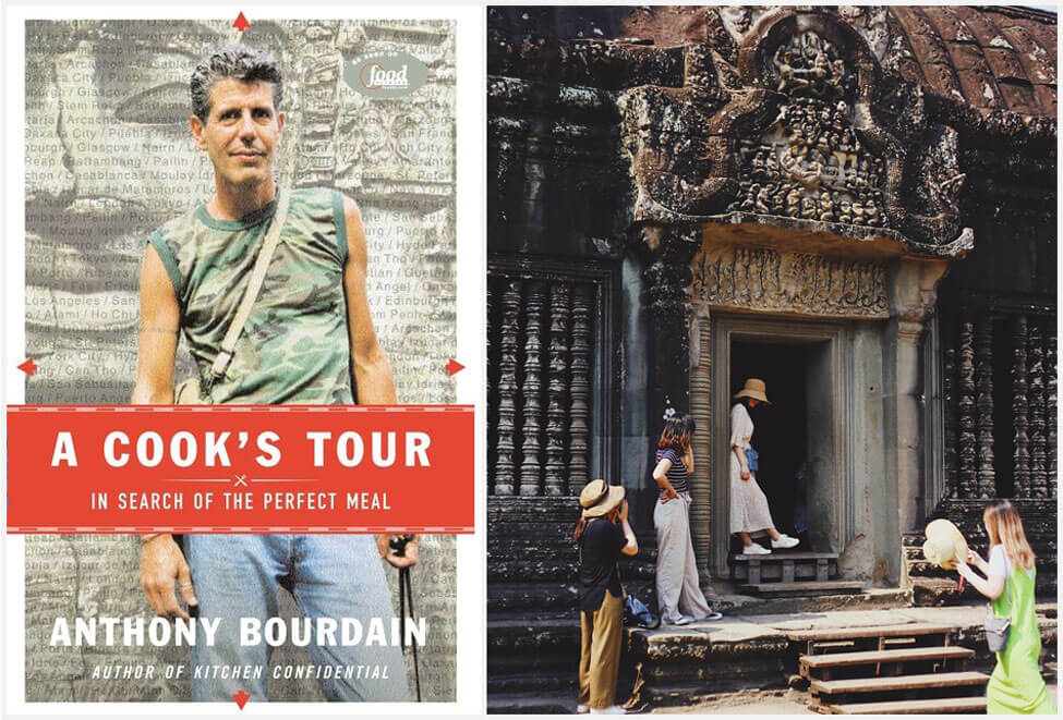 A Cooks Tour book cover and temple at Angkor Wat, Siem Reap, Cambodia