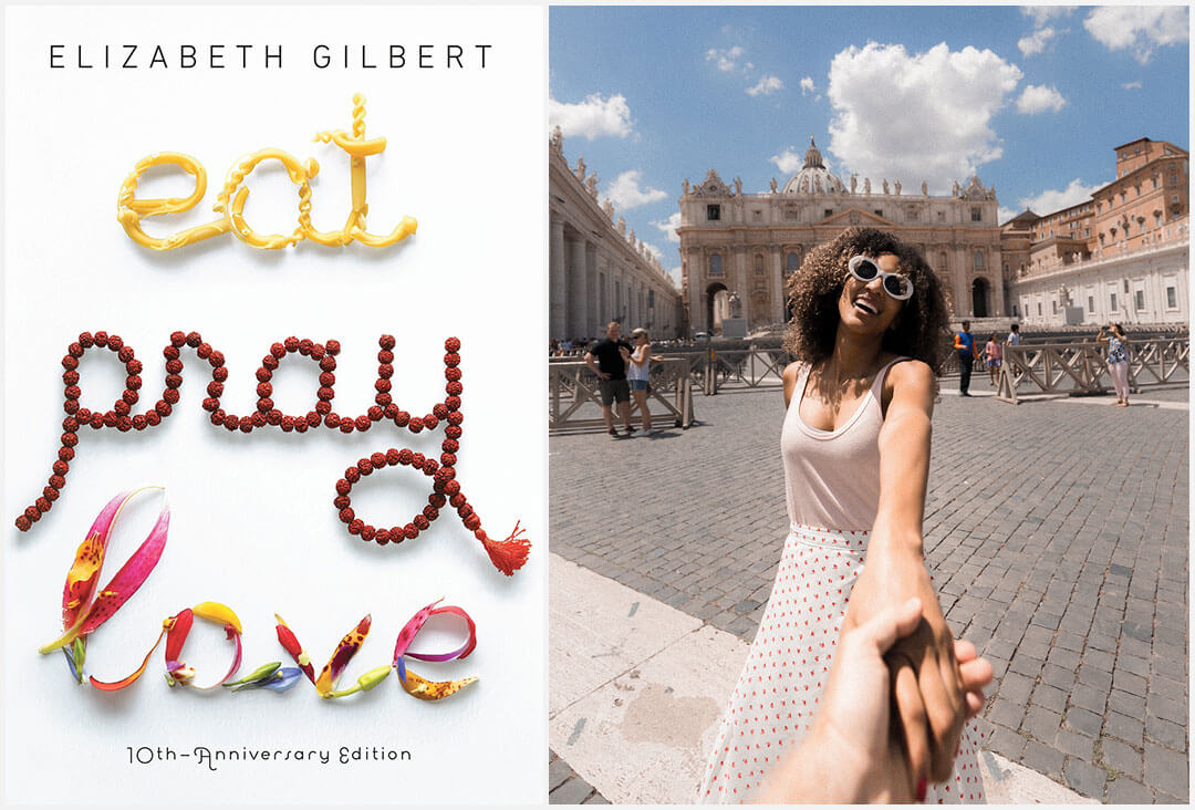 Eat, Pray, Love book cover and plaza in Italy