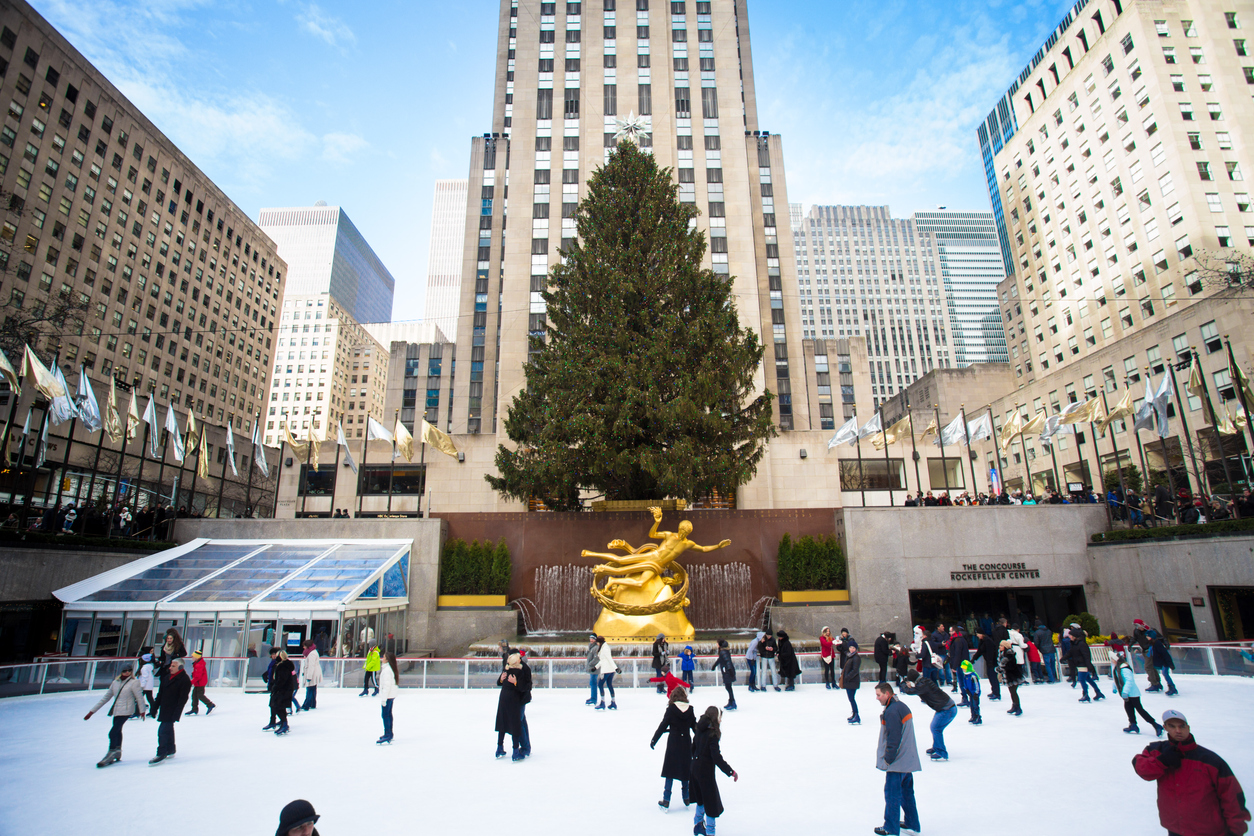 Visitors skate in the famous Rockefeller Ice Rink in NYC in the Winter
