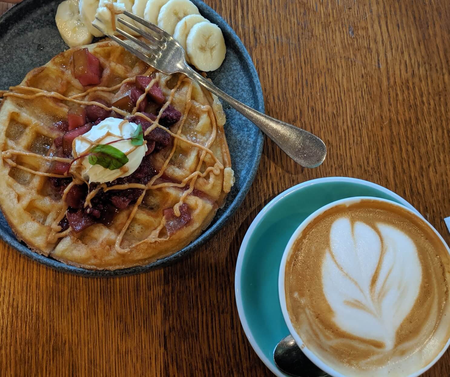 belian waffles and latte at Citizens of Chelsea in NYC