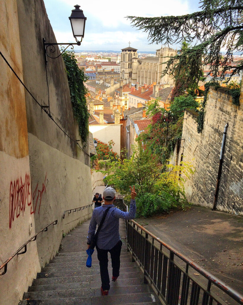Walking back to Vieux-Lyon from Fourvière. I recreated the same shot, 8 years apart.