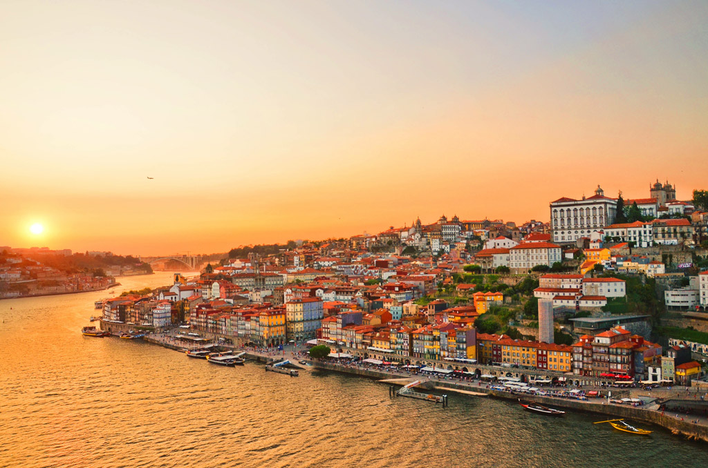 Sunset over the Porto city center and the Douro river, Portugal