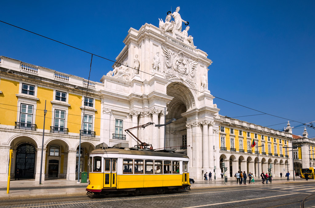 Yellow tram in Lisbon, Portugal